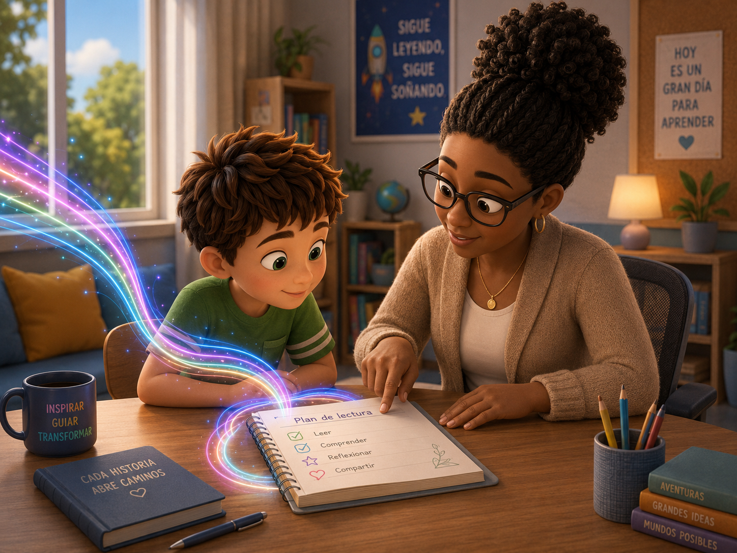 Profesional acompañando la lectura y revisando un plan de intervención